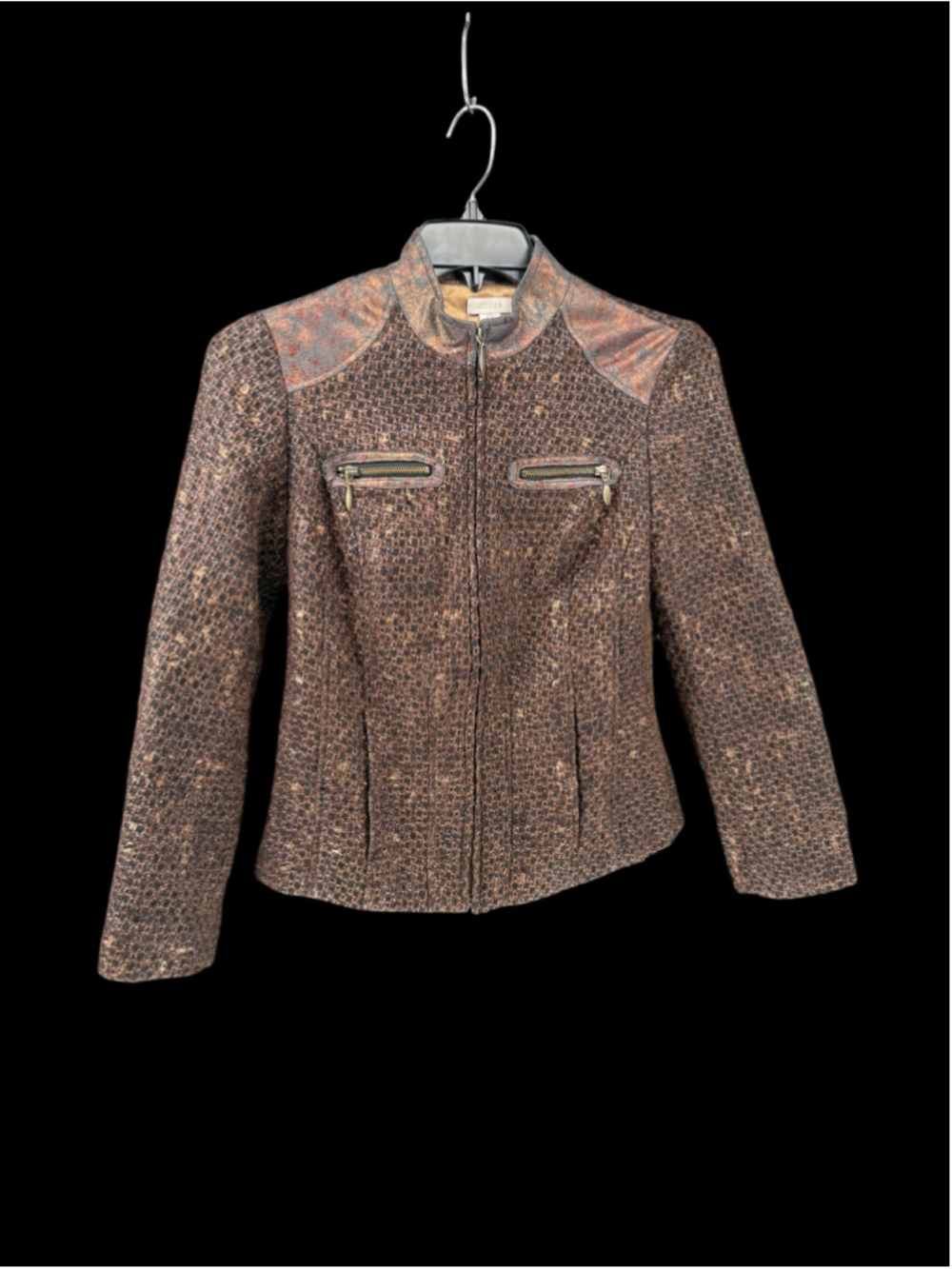 Women's Chico's Brown Gold Metallic Textured Zip-Up Blazer Jacket Size 0